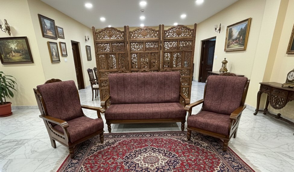 Classic Wooden Sofa Set (3+1+1) with Premium Maroon Fabric Upholstery